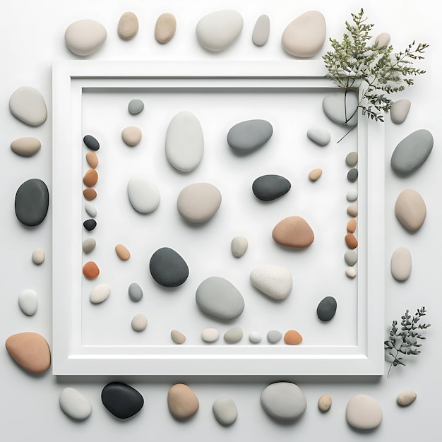 Pebbles and white frames laid flat