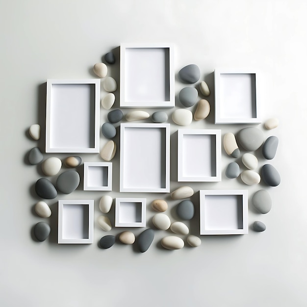 Photo pebbles and white frames laid flat