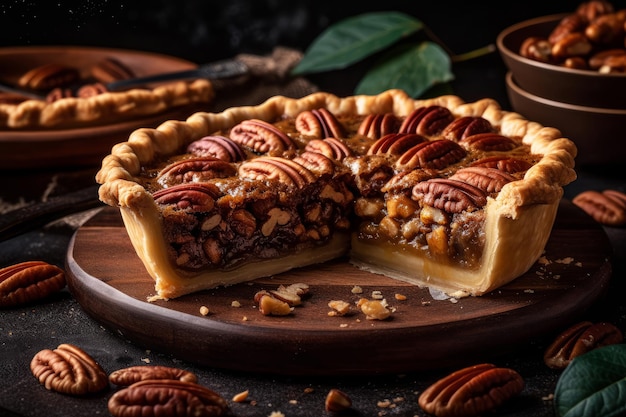 A pecan pie with a slice taken out of it