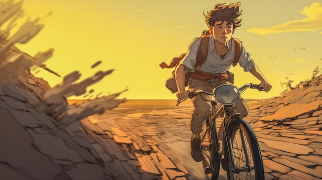 Pedaling Bicycling in the Sunset A Concept Art of a Young Traveler and His Journey