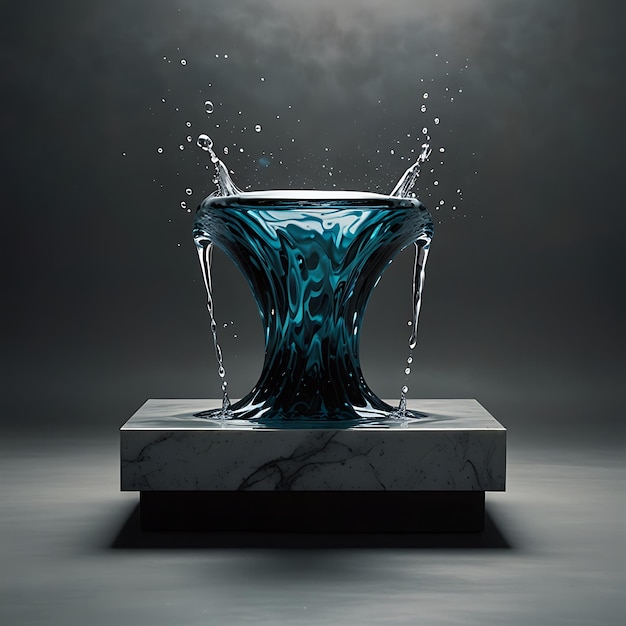 Photo pedestal composed of smooth flowing water suspended midair without spilling creating