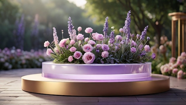 Pedestal for displaying products floral environmental background with leaves and flowers