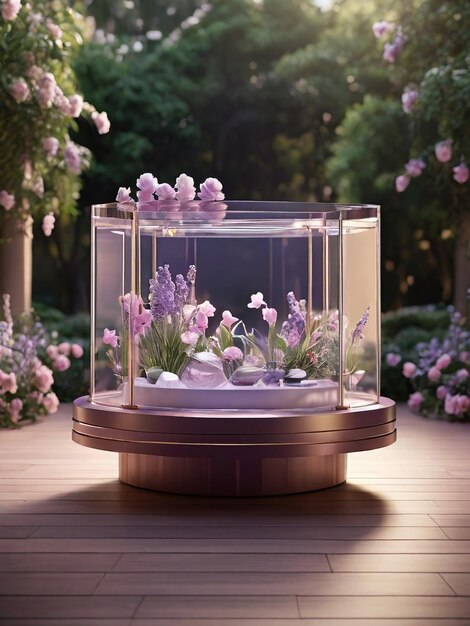 Pedestal for displaying products floral environmental background with leaves and flowers