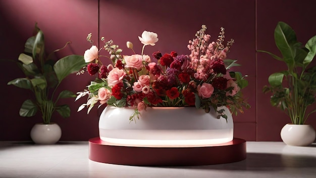 Pedestal for displaying products floral environmental background with leaves and flowers