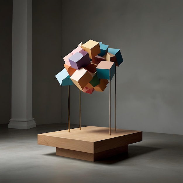 Photo pedestal of floating interlocking geometric shapes suspended without visible support creating