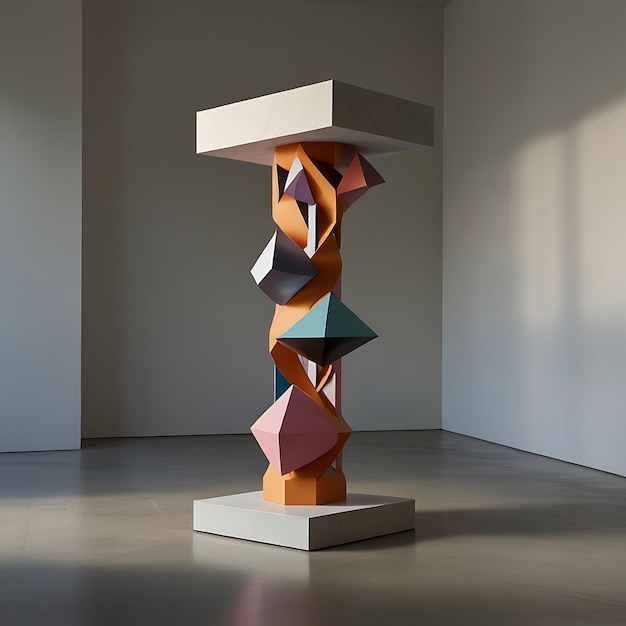 Photo pedestal of floating interlocking geometric shapes suspended without visible support creating