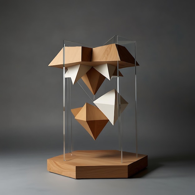 Pedestal of Floating Interlocking Geometric Shapes Suspended Without Visible Support Creating