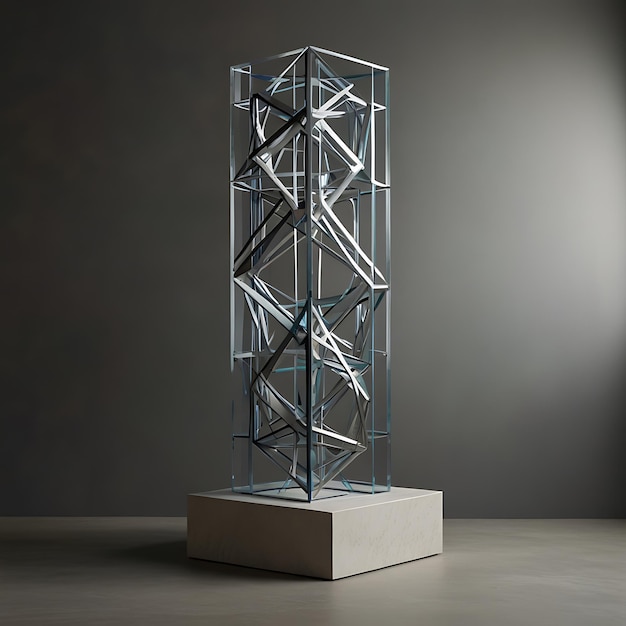 Photo pedestal of floating interlocking geometric shapes suspended without visible support creating