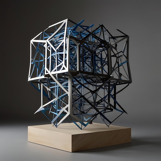 Photo pedestal of floating interlocking geometric shapes suspended without visible support creating