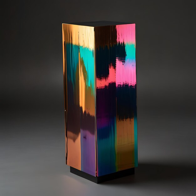 Photo pedestal of layered iridescent metal plates shifting colors with light angles creating a dynamic