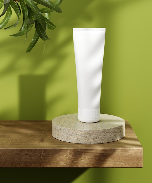 Pedestal for natural cosmetic product presentation. Stone and wood cylinders with plant leaves. 3d illustration.