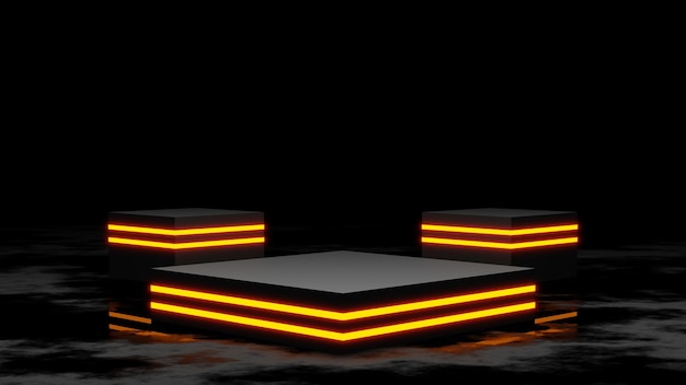 pedestal or podium display with yellow neon light, empty platform for product showcase, 3d rendering