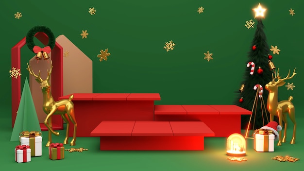 Pedestal podium on green background. , Christmas or newyear promotion 3D rendering.