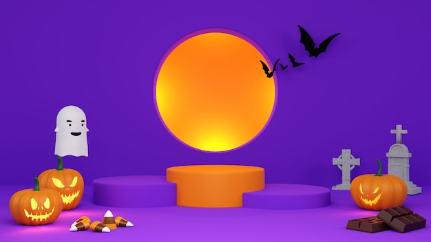 Pedestal podium on orange background. , Halloween product promotion. Abstract spooky 3D rendering.