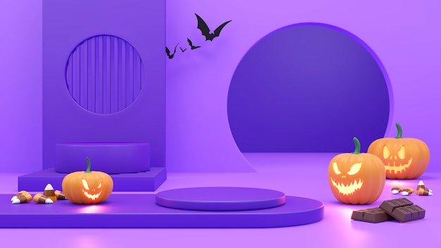 Pedestal podium on orange background. , Halloween product promotion. Abstract spooky 3D rendering.