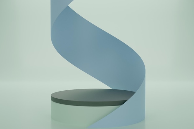 Pedestal podium with blue paper swirl flow on green studio background product display