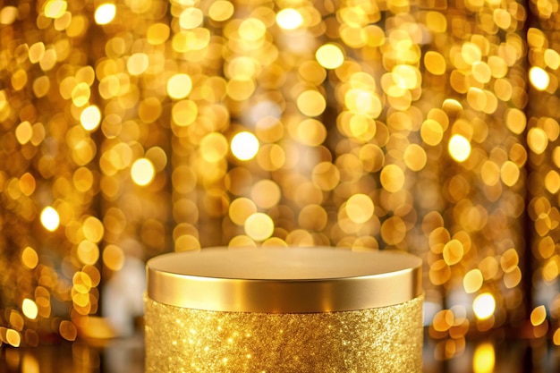 Photo pedestal for product display presentation in golden blurry bokeh festive showcase