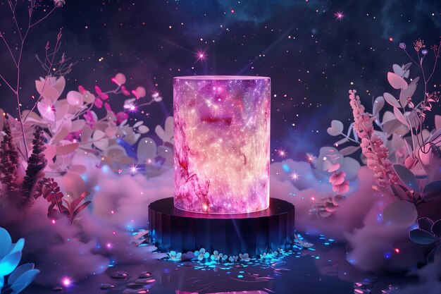 Pedestal with elements of radiance sparkles holography abstraction product photography