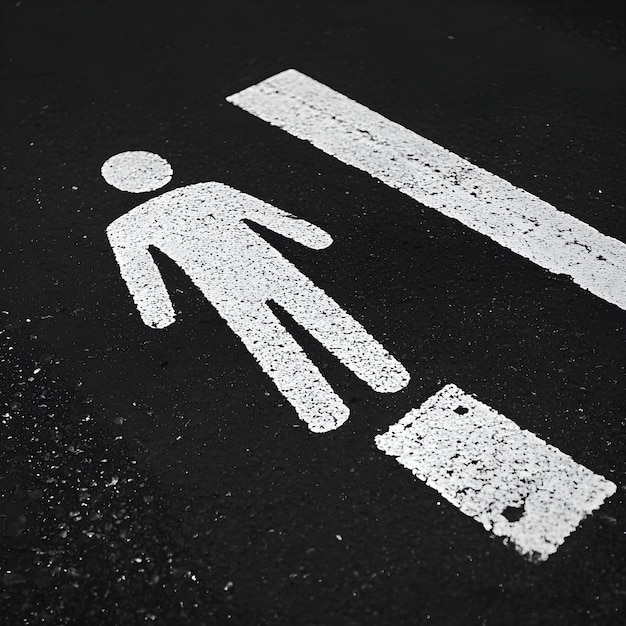 Photo pedestrian crossing sign on asphalt road in black and white