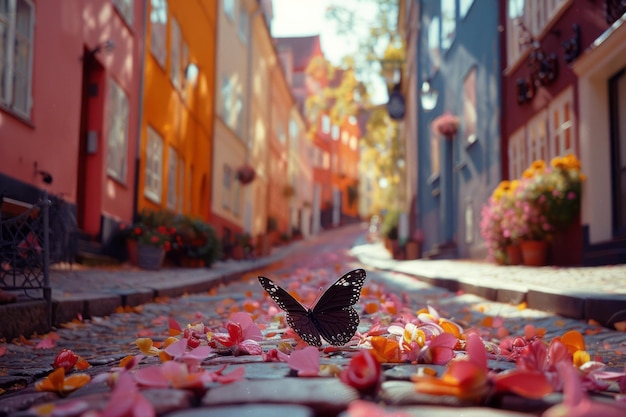 A pedestrian crossing with butterfly silhouettes on a cobblestone street surrounded by pastelcolored buildings