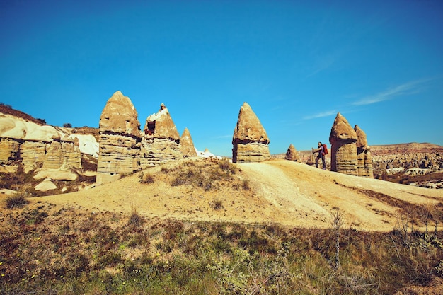 Pedestrian tourism, people travel with backpacks, in the open air.