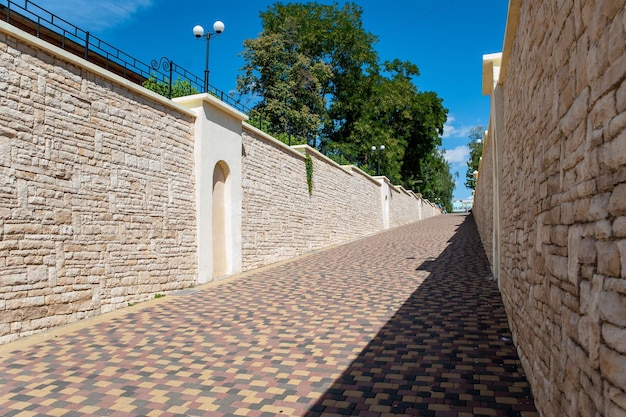 pedestrian zone with stone walls and sidewalk