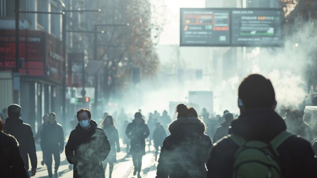 Pedestrians in Masks Walking Through Misty City Street Generative AI