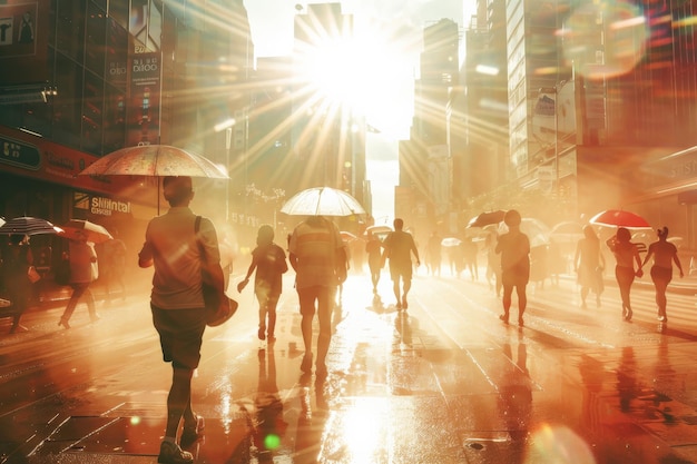 Pedestrians with umbrellas in sunlit city The struggle with high temperatures during a heatwave