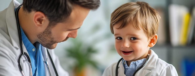 Photo pediatric cardiologist doctor performing cardiac exam on a child