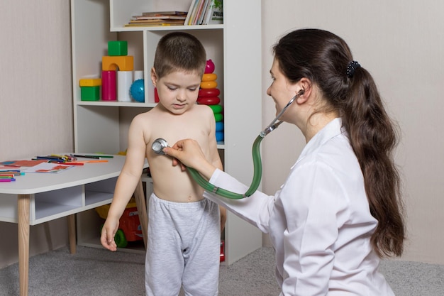 Pediatric examination of a child with a stethoscope