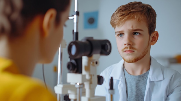 Photo pediatric ophthalmologist conducting vision test on young boy in clinic