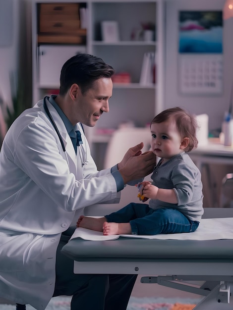 Photo a pediatrician checking baby with a stethoscope on his neck