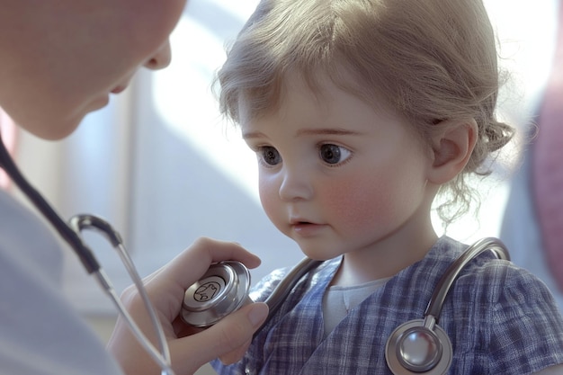 Photo pediatrician checking a childs heartbeat with a st