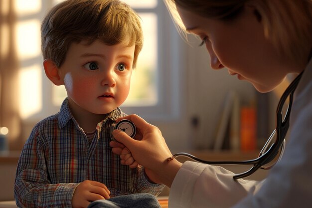 Photo pediatrician checking a childs heartbeat with a st