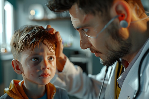 Photo pediatrician checking a childs temperature