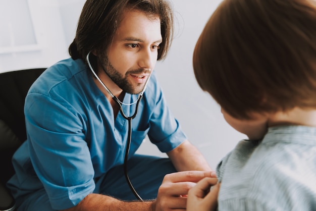 Pediatrician Checking Up Kids Heart Stethoscope.