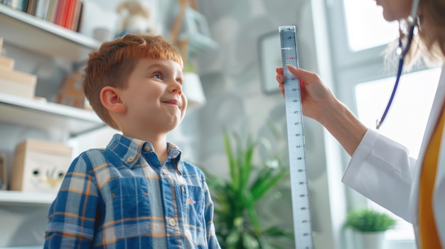 Photo a pediatrician measuring a childs height and weight during a checkup