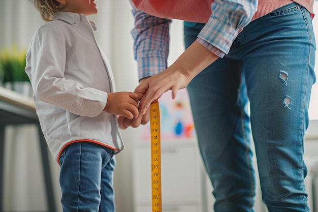 Photo pediatrician measuring the height of a child durin generative ai