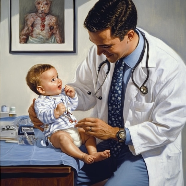 Photo a pediatrician performing a physical examination on a newborn baby checking reflexes and overall he