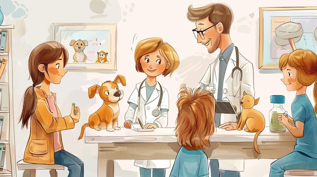 Pediatrician and Pets Cartoon Illustration