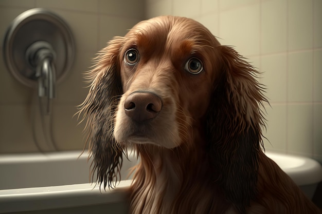 Pedigree sad cute wet dog in bathroom looking at camera with funny expression Pet washing animal hygiene Illustration by generative ai