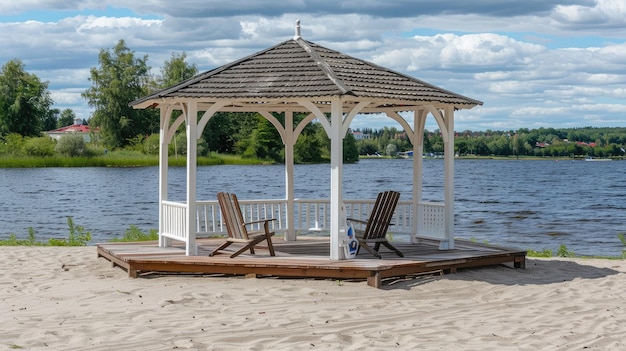 a peekaboo white gazebo with a roof and wooden platform on the beach surrounded by lounge chairs and canopies perfect for relaxation