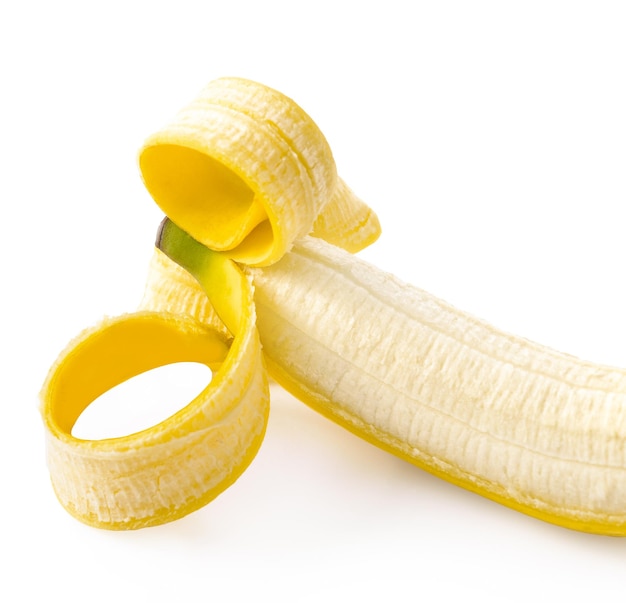 Peeled banana on white background