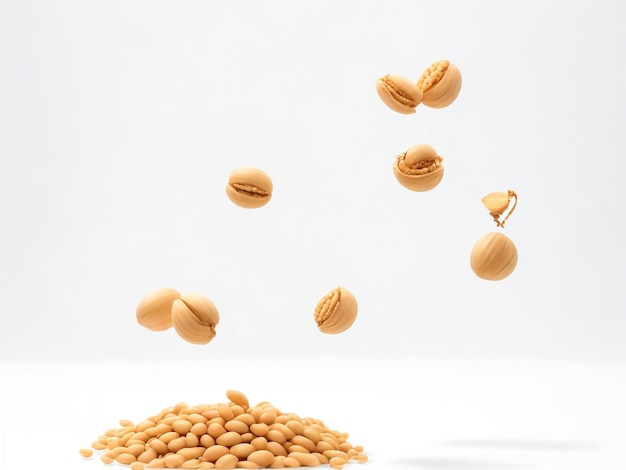 peeled peanuts levitate on a white background