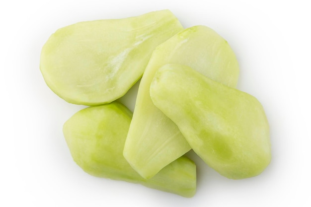 Peeled raw chayote isolated on white background