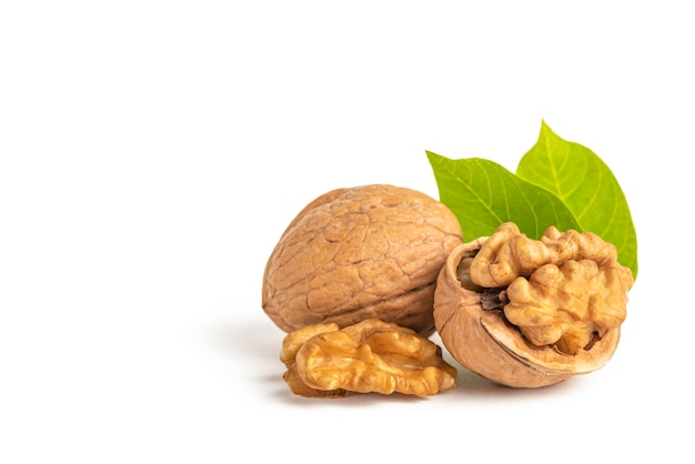 Peeled walnut fruits lie on a white isolated background with green leaves. Walnut in shell. White isolate for design and insertion into the project.