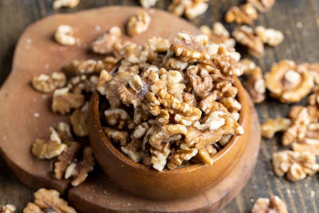 Peeled walnuts walnut kernel on the kitchen table during cooking