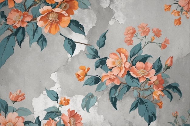 Peeling floral wallpaper on concrete wall