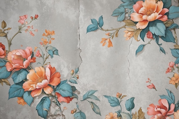 Peeling floral wallpaper on concrete wall