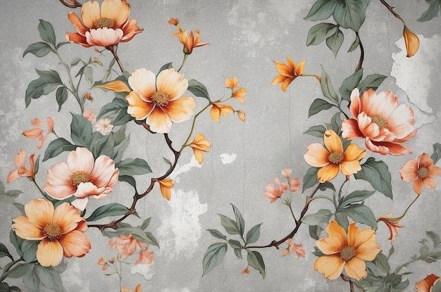 Peeling floral wallpaper on concrete wall